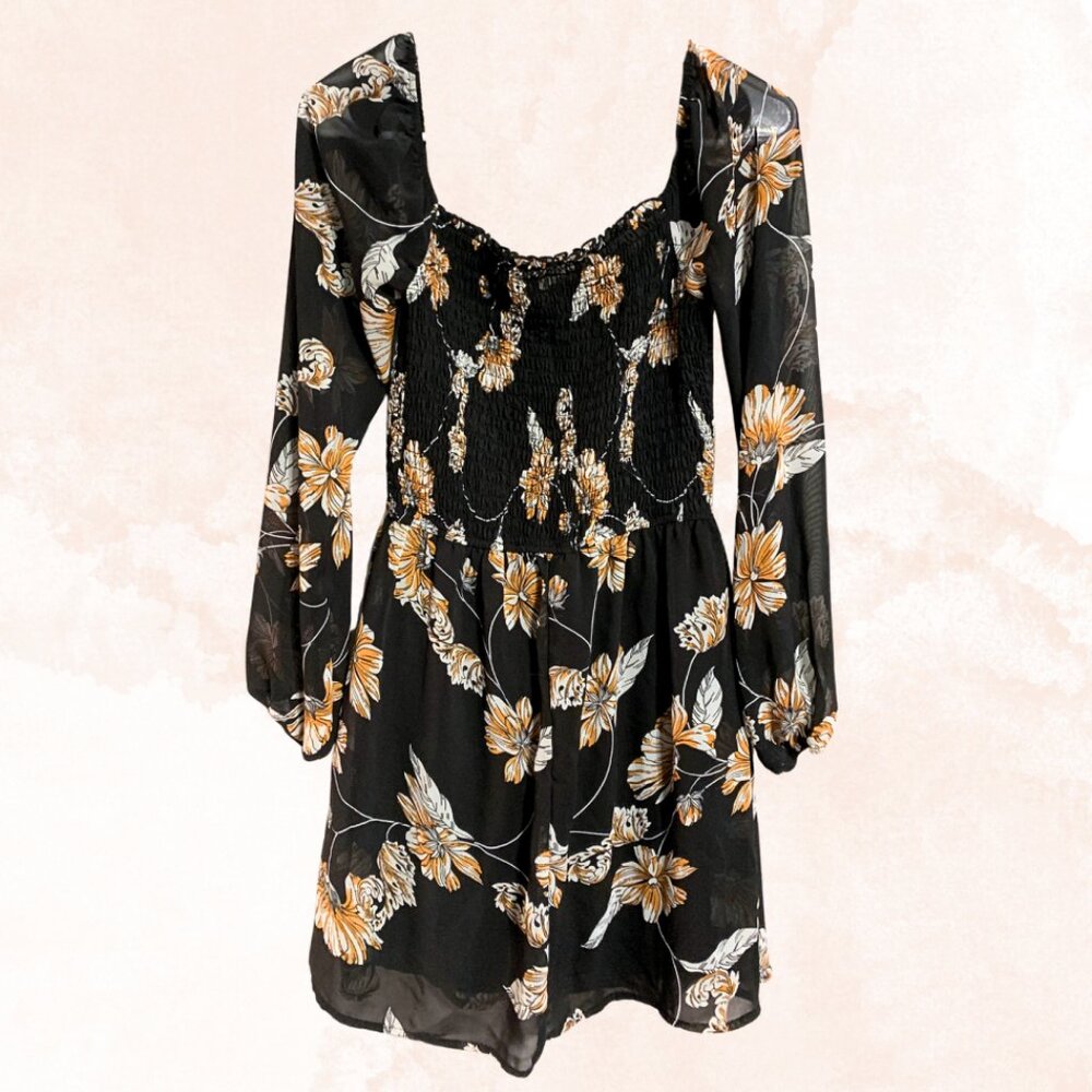 Altar'd State Black Balloon Sleeve Floral Mini Dress
